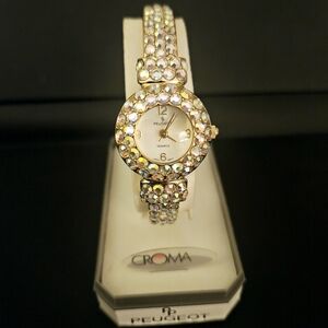 Peugeot Women's Gold Crystal Bangle Cuff Watch